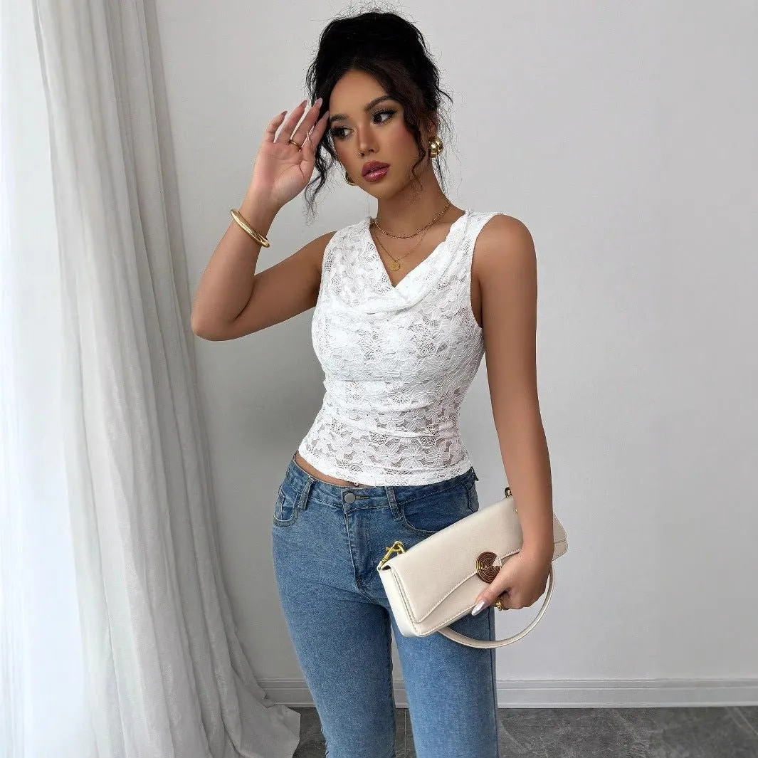 Women's sexy lace V-neck slim-fitting sleeveless top women sold by Negative product image thumbnail 4