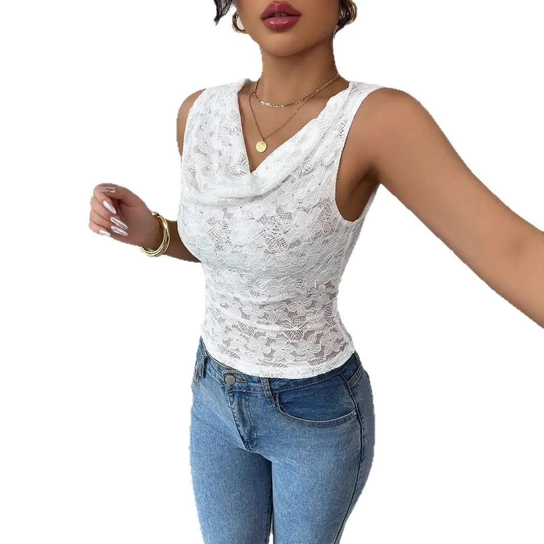 Women's sexy lace V-neck slim-fitting sleeveless top women sold by Negative product image thumbnail 5