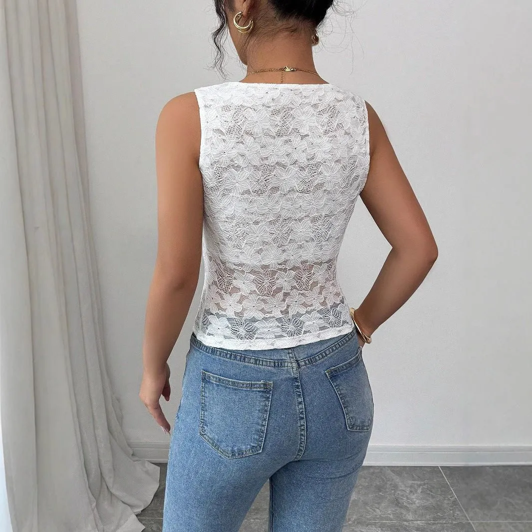 Women's sexy lace V-neck slim-fitting sleeveless top women sold by Negative product image thumbnail 2