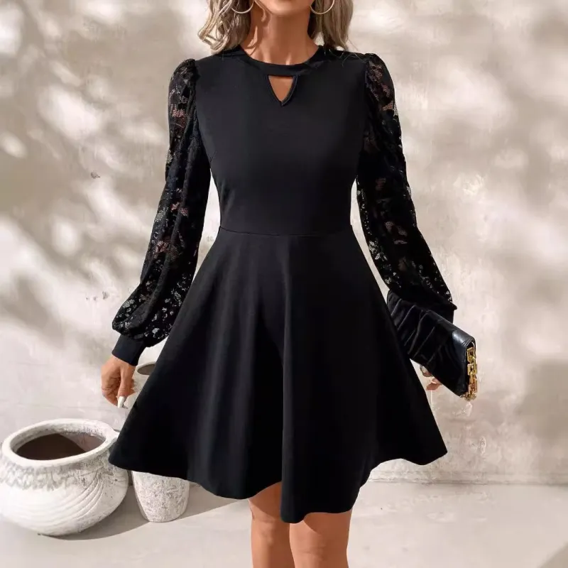 2024 new elegant women's black crew neck lace splicing long-sleeved slim-fitting horn hem jumpsuit made by Negative