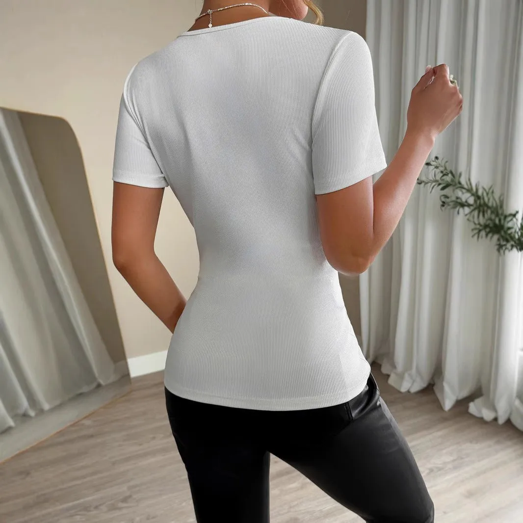 Women's solid color rhinestone patch slim short-sleeved women's T-shirt sold by Negative product image thumbnail 4