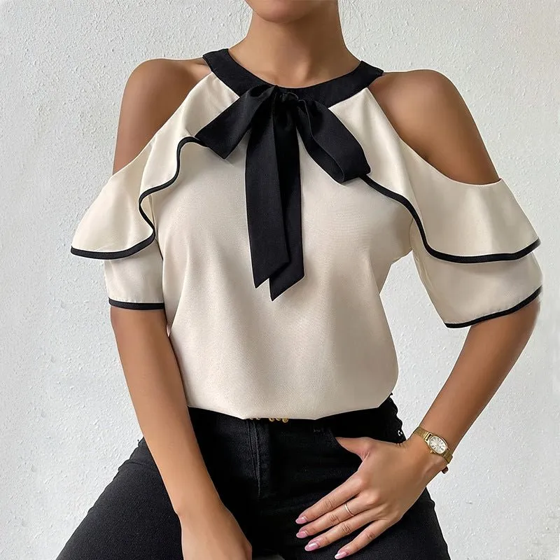 Double-layer short-sleeved shirt bow neckline shirt pullover made by Negative
