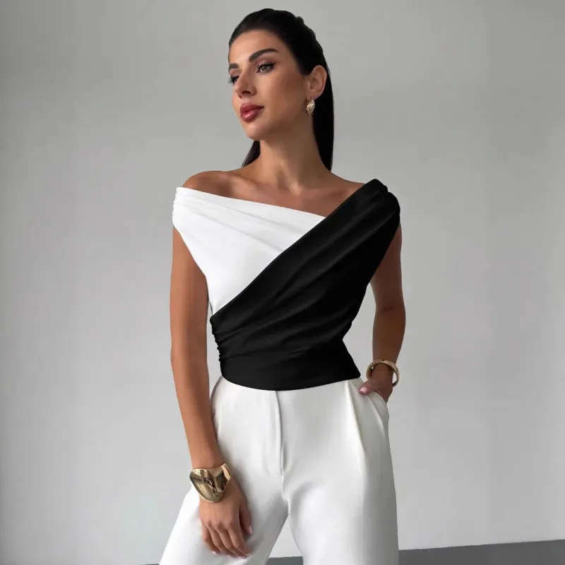 2025 summer new color matching slash shoulder pleated edge slim and thin versatile temperament commuter top women made by Negative