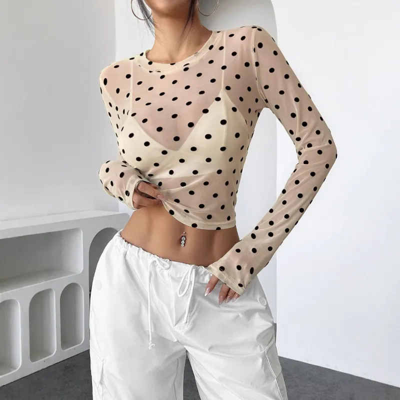 Spice Girl design sense perspective polka dot slim mesh yarn crew neck long-sleeved T-shirt made by Negative