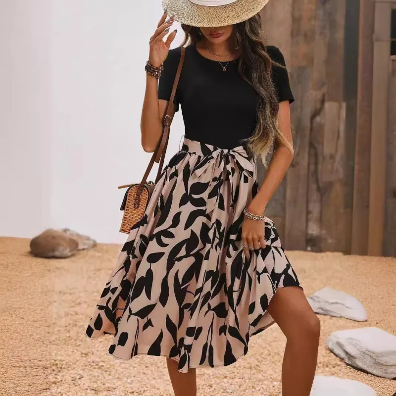 Elegant women's print splicing short-sleeved dress made by Negative