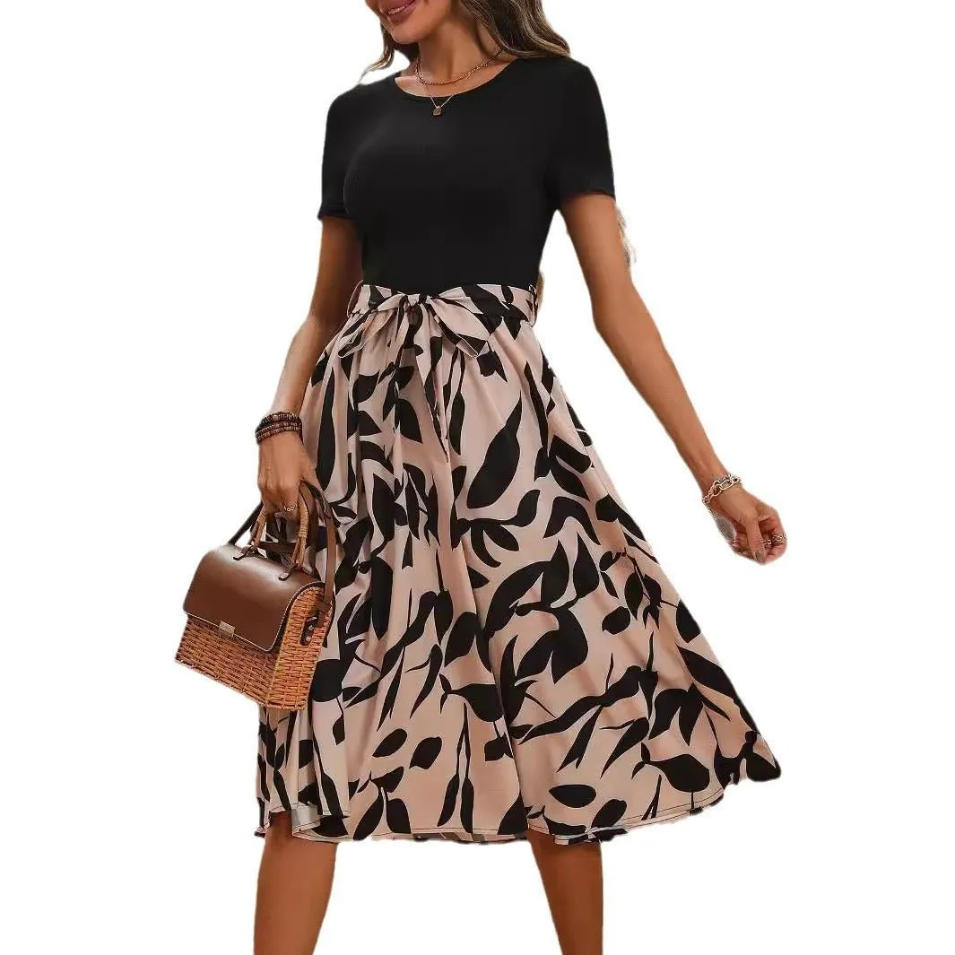 Elegant women's print splicing short-sleeved dress sold by Negative product image thumbnail 5