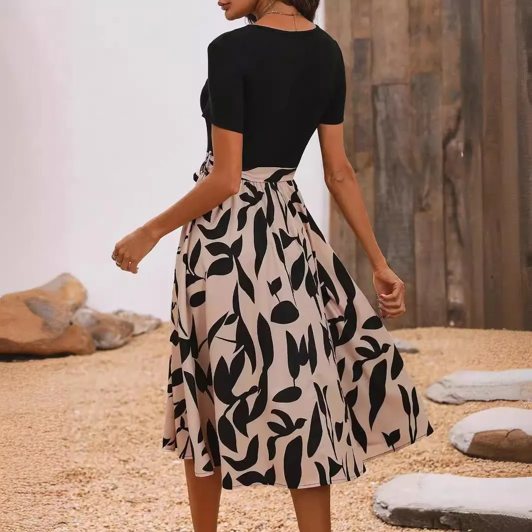 Elegant women's print splicing short-sleeved dress sold by Negative product image thumbnail 2