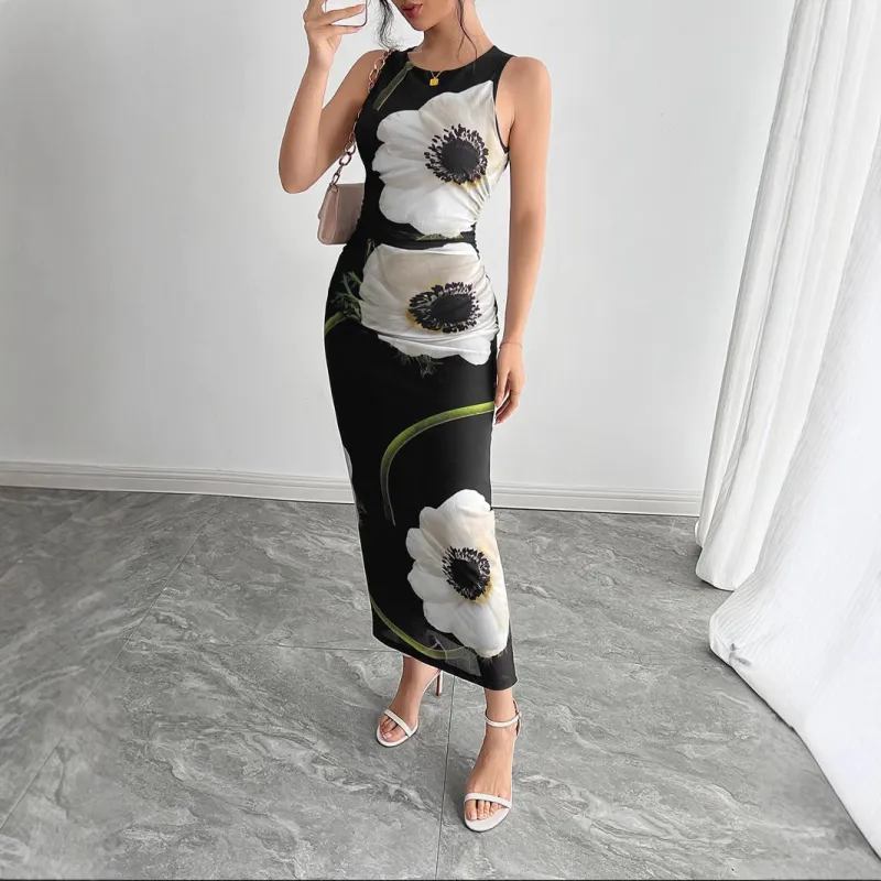The Midnight Garden | Women's Mesh Floral Print Sleeveless Maxi Dress made by Negative