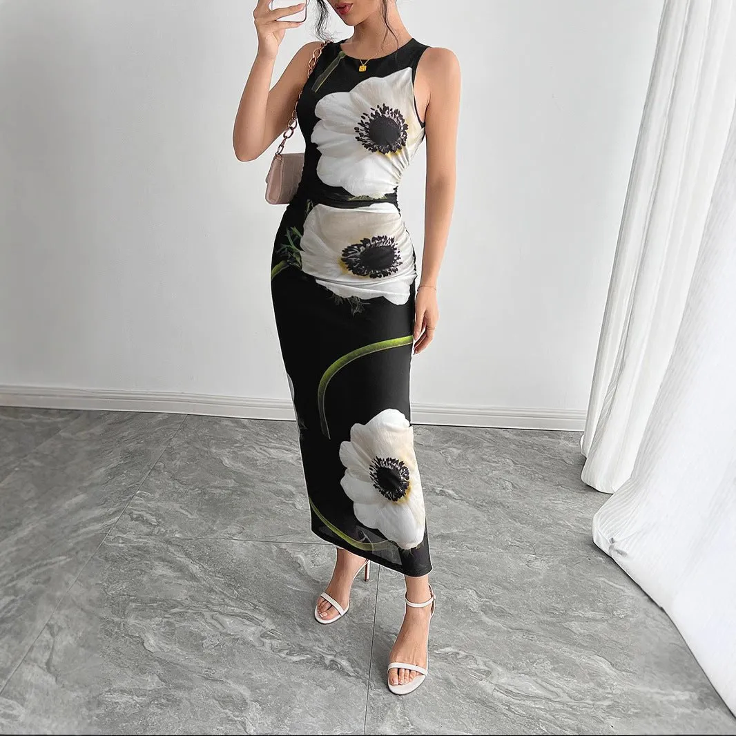The Midnight Garden | Women's Mesh Floral Print Sleeveless Maxi Dress sold by Negative