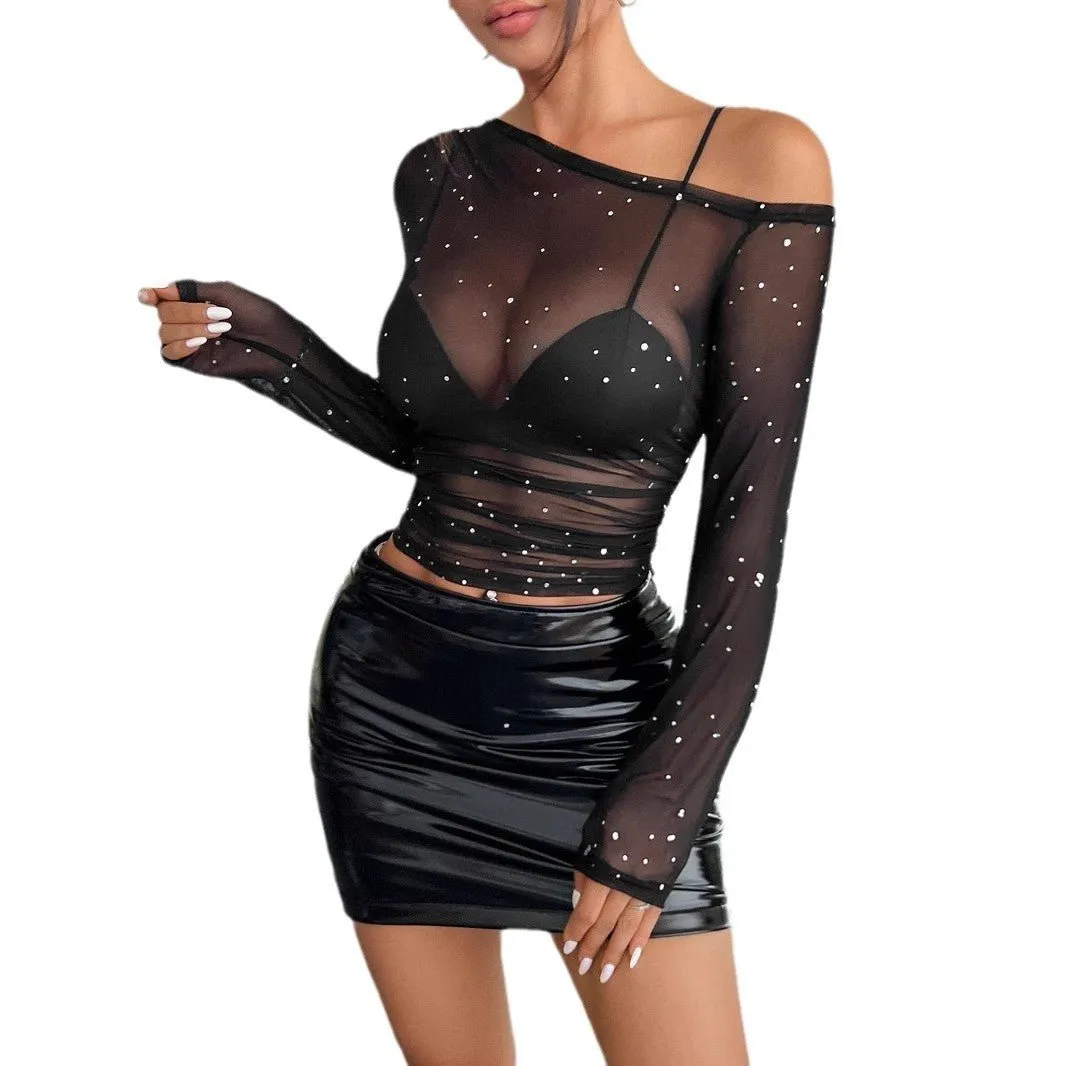 Women's black sequined mesh asymmetrical collar long-sleeved T-shirt sold by Negative product image thumbnail 5
