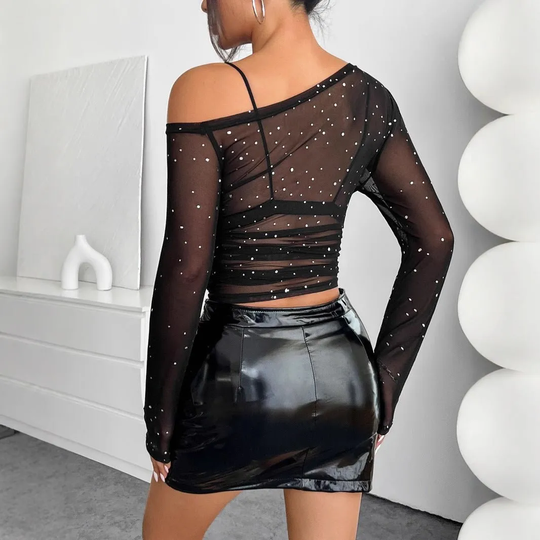 Women's black sequined mesh asymmetrical collar long-sleeved T-shirt sold by Negative product image thumbnail 2