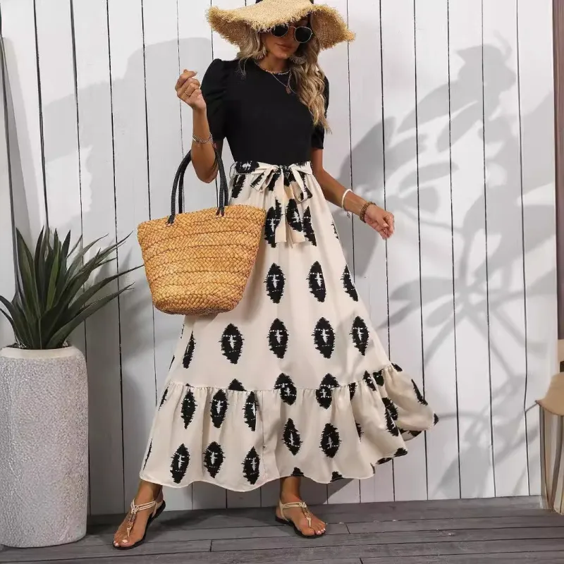 2025 new elegant women's geometric printing round neck bubble sleeve hem ruffle edge dress made by Negative