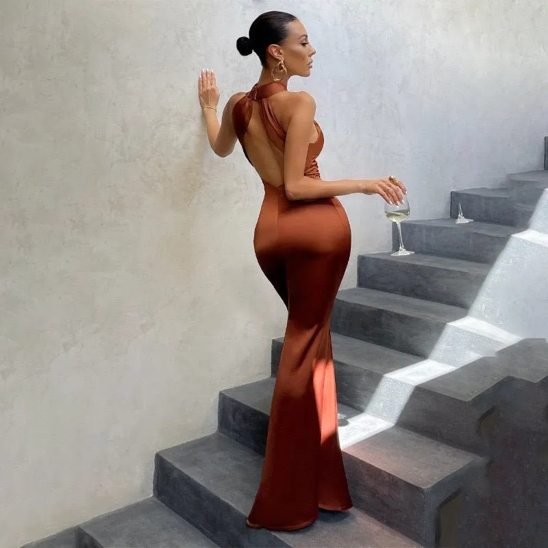 The Sultry Curve | Solid Color Halter Backless Fishtail Maxi Dress sold by Negative product image thumbnail 2