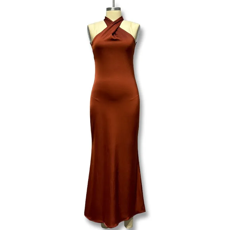 The Sultry Curve | Solid Color Halter Backless Fishtail Maxi Dress sold by Negative product image thumbnail 3