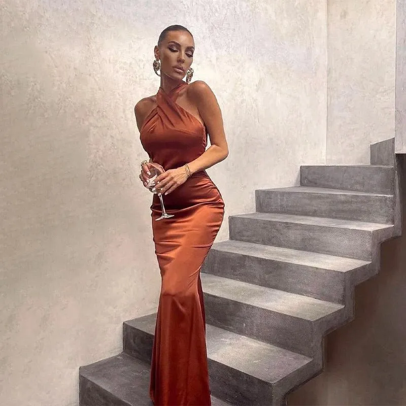 The Sultry Curve | Solid Color Halter Backless Fishtail Maxi Dress made by Negative