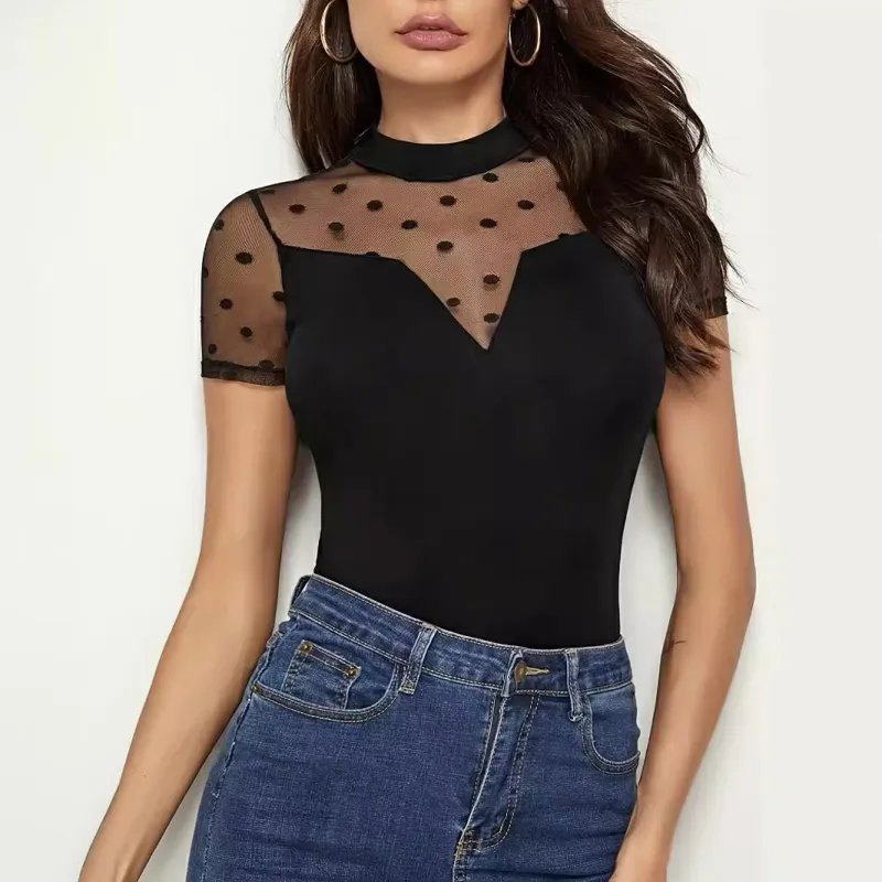 Mesh splicing small stand-up collar short-sleeved new T-shirt slim tops for women made by Negative