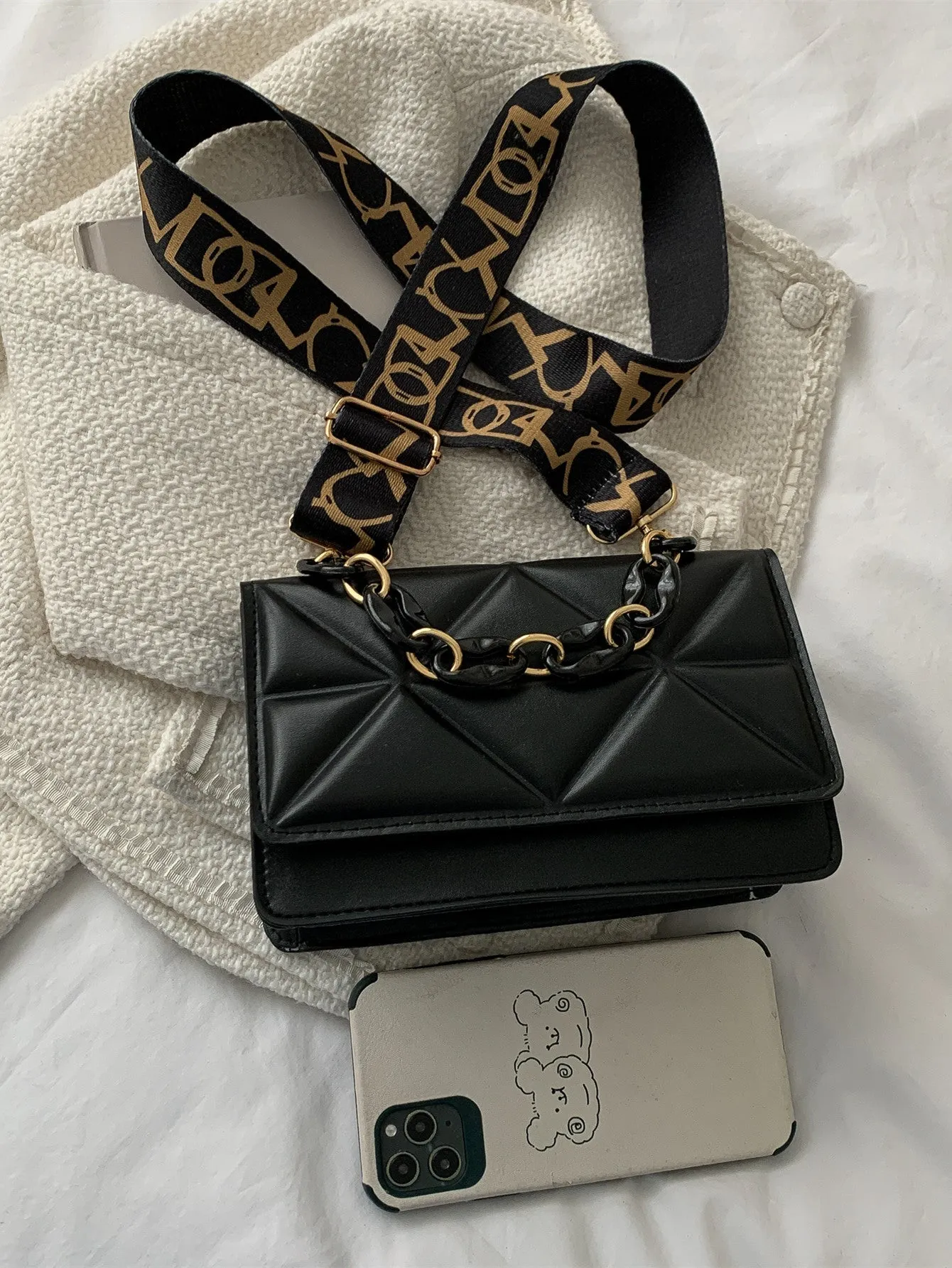 Mini Chain Decor Quilted Flap Embossed Crossbody Bag with Retro Chain sold by Negative product image thumbnail 3