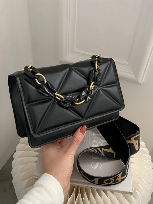 Mini Chain Decor Quilted Flap Embossed Crossbody Bag with Retro Chain made by Negative