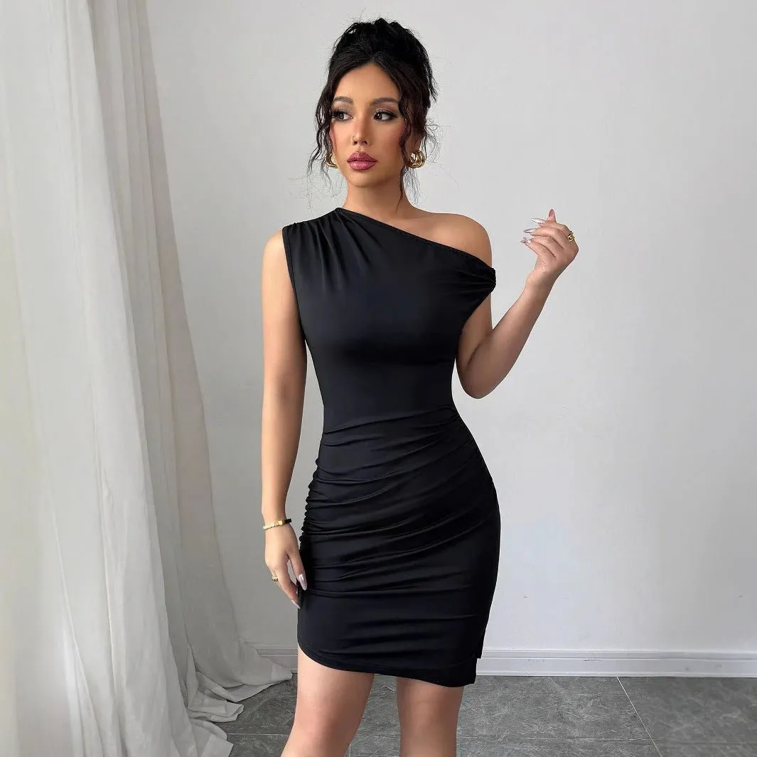 The Diagonal Edge | Women's Sleeveless Asymmetrical Neck Pleated Midi Dress sold by Negative product image thumbnail 3
