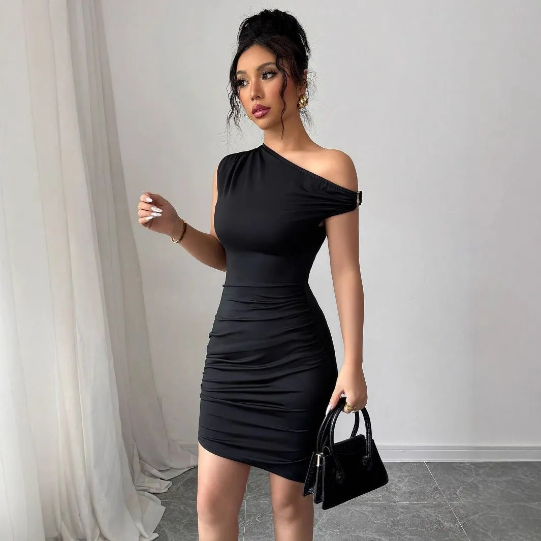 The Diagonal Edge | Women's Sleeveless Asymmetrical Neck Pleated Midi Dress sold by Negative product image thumbnail 4
