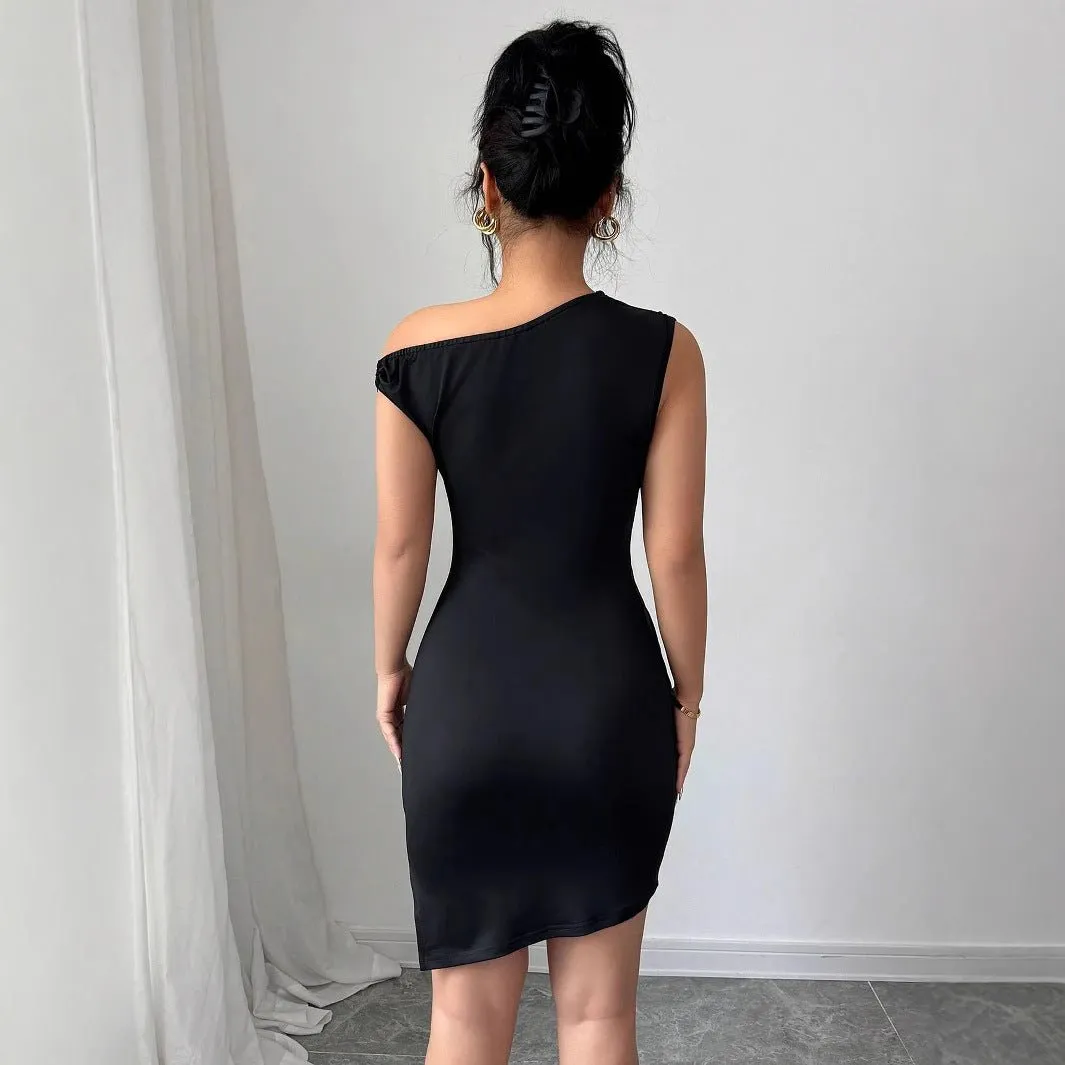 The Diagonal Edge | Women's Sleeveless Asymmetrical Neck Pleated Midi Dress sold by Negative product image thumbnail 2
