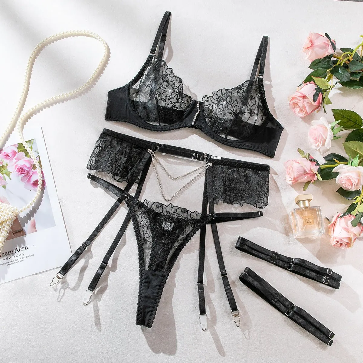 The Enchanted Grace | Embroidered Chain Elegant Three-Piece Lingerie Set sold by Negative product image thumbnail 3