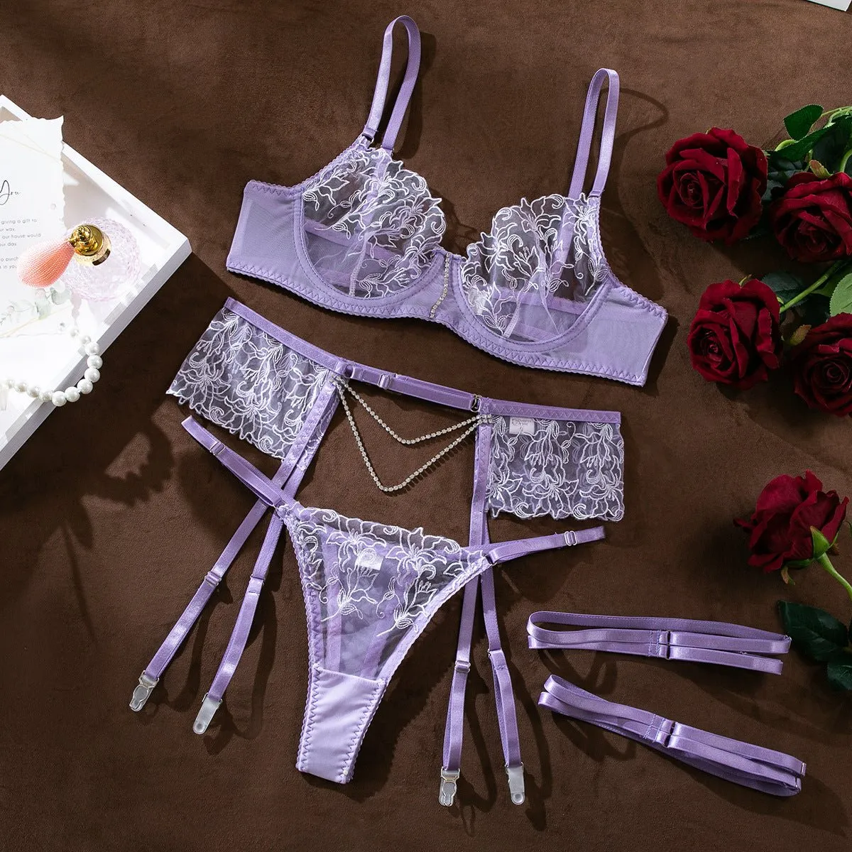 The Enchanted Grace | Embroidered Chain Elegant Three-Piece Lingerie Set sold by Negative product image thumbnail 4