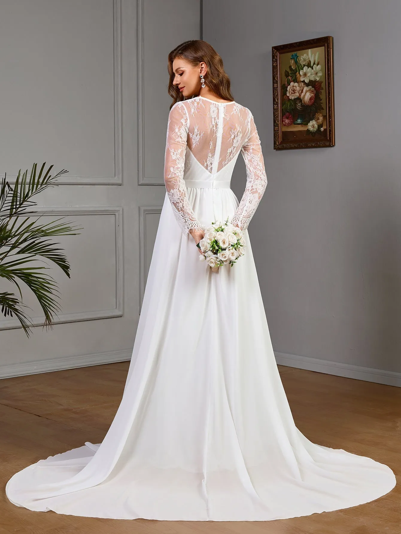 The Bridal Dream | Women's Lace Chiffon Deep V-Neck Long-Sleeve Wedding Dress sold by Negative product image thumbnail 3