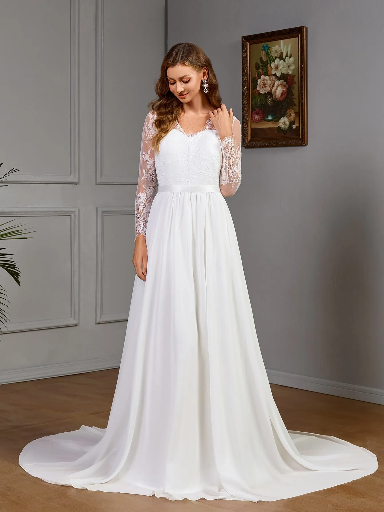 The Bridal Dream | Women's Lace Chiffon Deep V-Neck Long-Sleeve Wedding Dress sold by Negative product image thumbnail 4