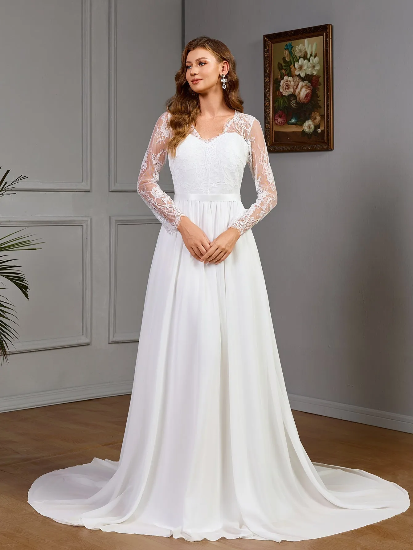 The Bridal Dream | Women's Lace Chiffon Deep V-Neck Long-Sleeve Wedding Dress sold by Negative product image thumbnail 5