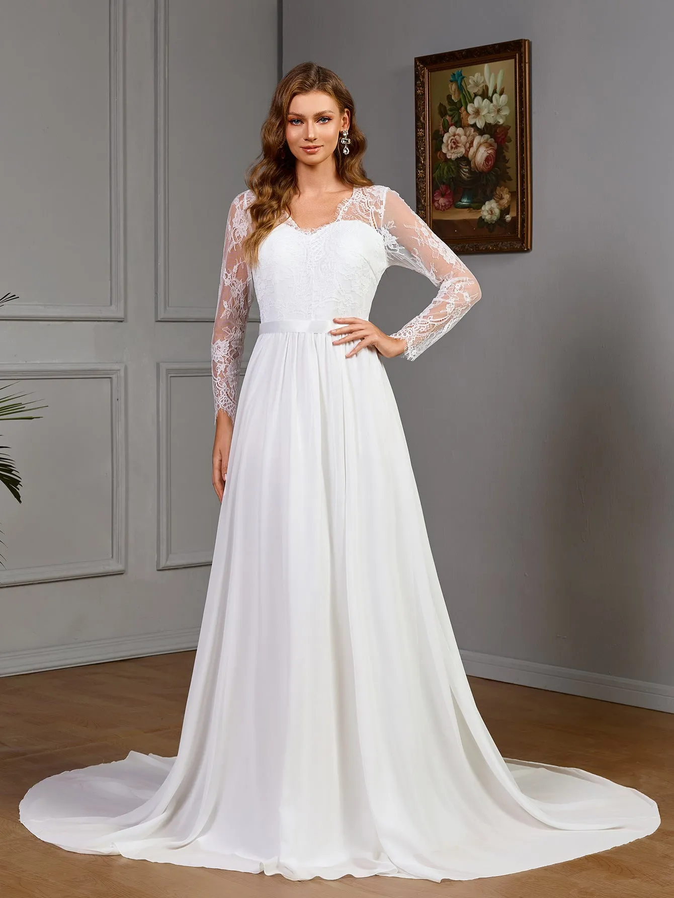 The Bridal Dream | Women's Lace Chiffon Deep V-Neck Long-Sleeve Wedding Dress sold by Negative product image thumbnail 2