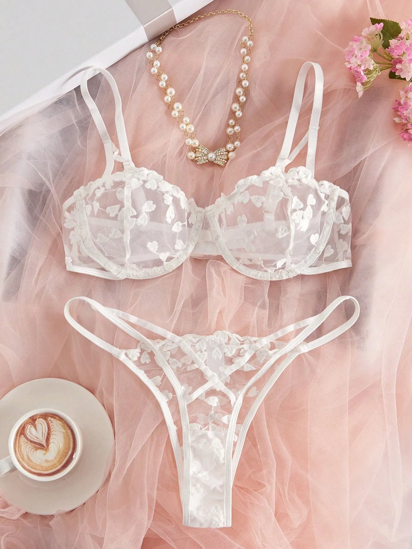 Heart Whisper | Embroidered Sheer Triangle Cup Bra & Thong Set sold by Negative product image thumbnail 3