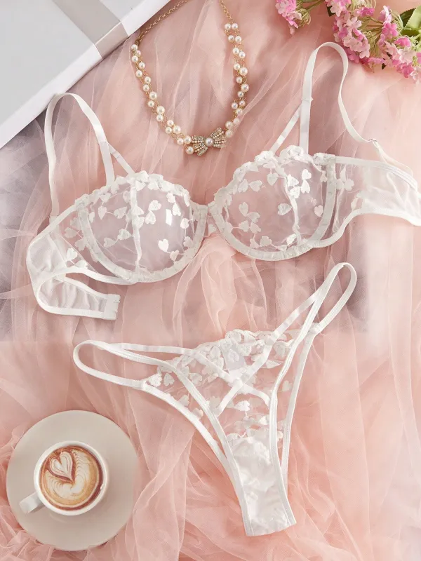 Heart Whisper | Embroidered Sheer Triangle Cup Bra & Thong Set made by Negative