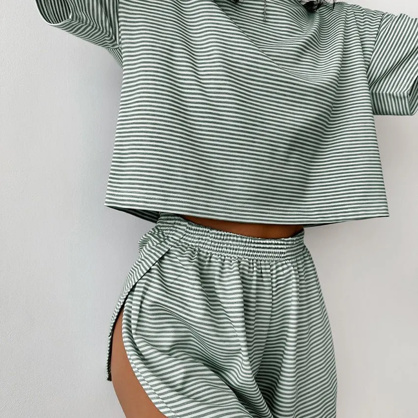 The Cozy Stripe | Knitted Striped Short-Sleeve Shorts Pajama Set sold by Negative product image thumbnail 2