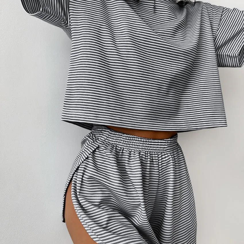 The Cozy Stripe | Knitted Striped Short-Sleeve Shorts Pajama Set sold by Negative product image thumbnail 3