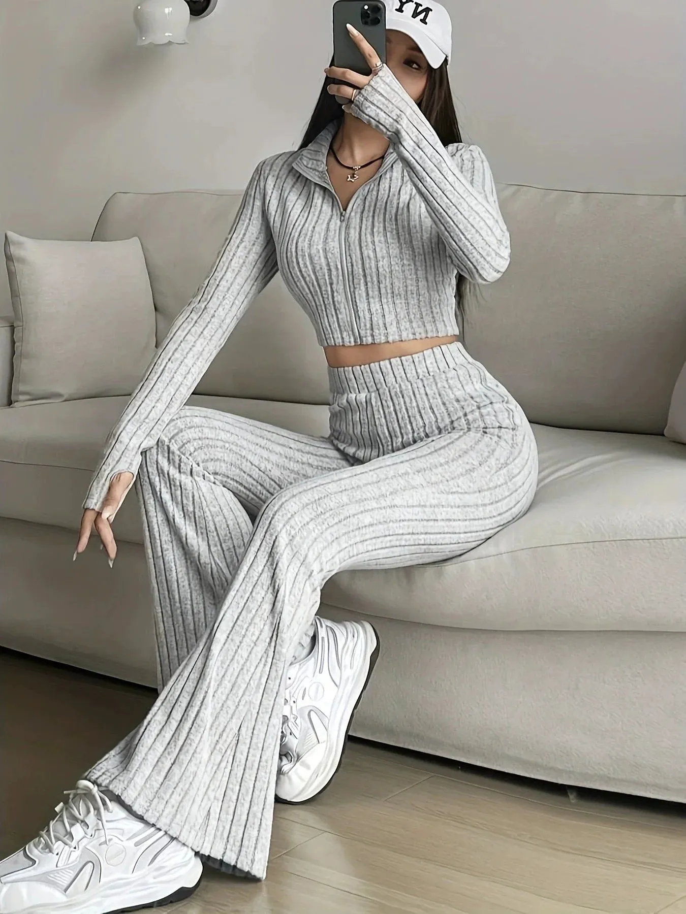 The Sleek Flow | Solid Black Rib-Knit Crop Tee & Flare Pants Set sold by Negative product image thumbnail 3