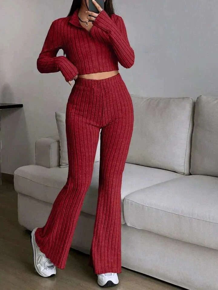 The Sleek Flow | Solid Black Rib-Knit Crop Tee & Flare Pants Set sold by Negative product image thumbnail 4