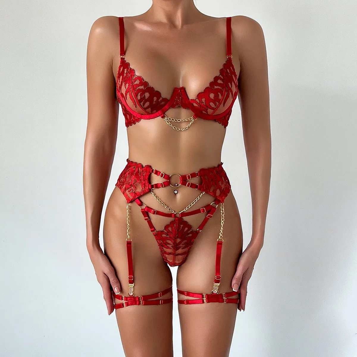 The Crimson Spark | Embroidered Metal High-End Slim Lingerie Four-Piece Set sold by Negative product image thumbnail 4