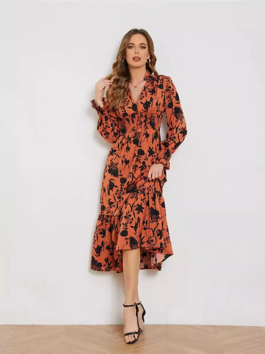 The Fresh Bloom | Women's Floral Print V-Neck Long-Sleeve Maxi Dress sold by Negative
