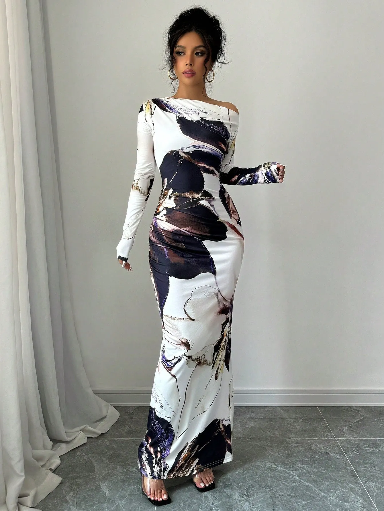 The Artistic Flow | Multicolor All-Over Print Asymmetric Long-Sleeve Maxi Dress sold by Negative product image thumbnail 4