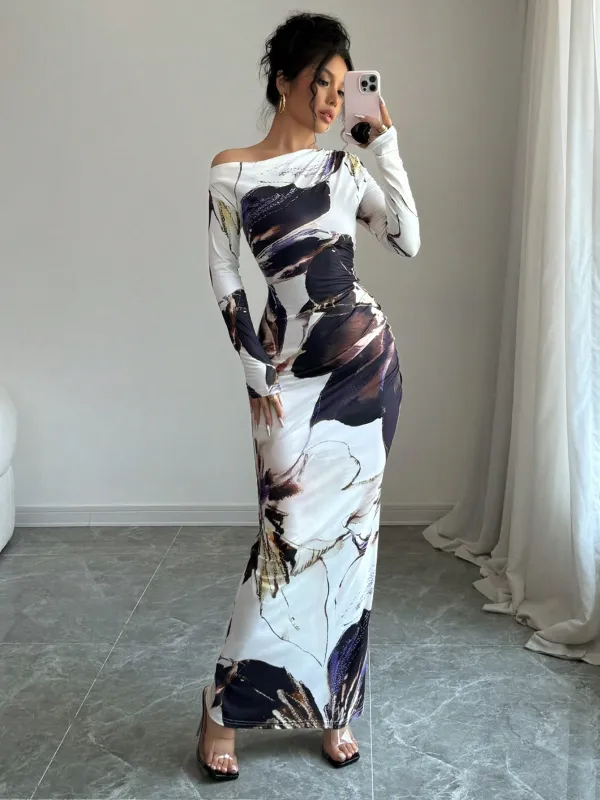The Artistic Flow | Multicolor All-Over Print Asymmetric Long-Sleeve Maxi Dress made by Negative