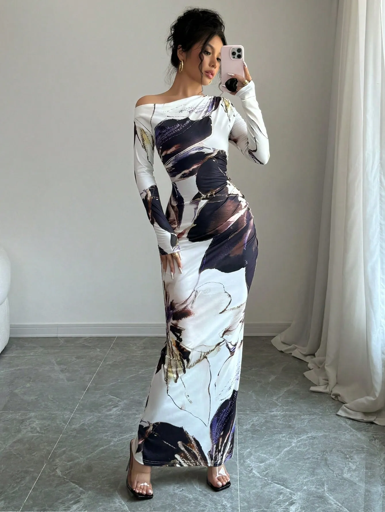 The Artistic Flow | Multicolor All-Over Print Asymmetric Long-Sleeve Maxi Dress sold by Negative