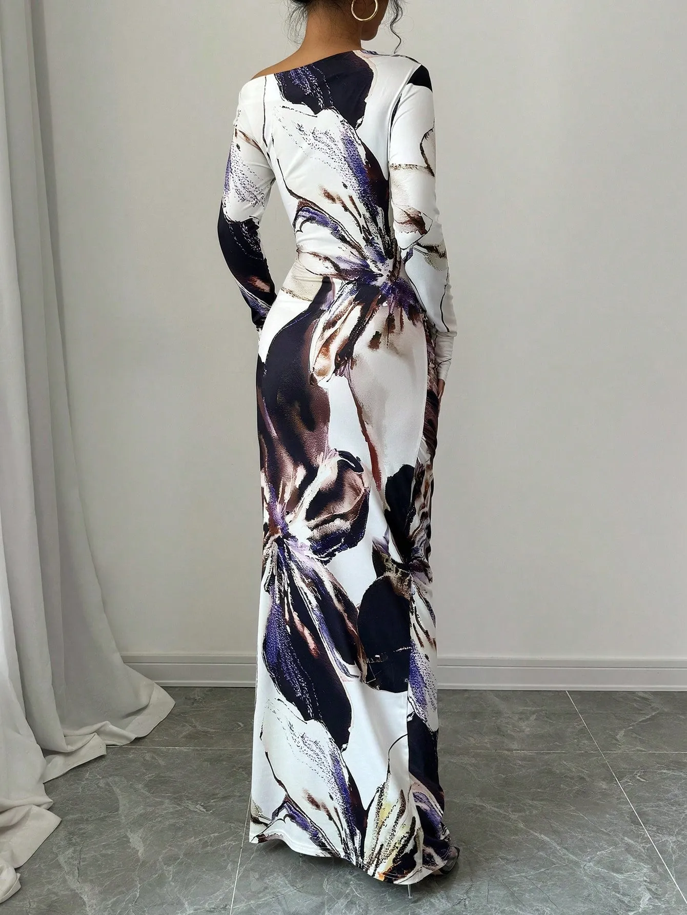 The Artistic Flow | Multicolor All-Over Print Asymmetric Long-Sleeve Maxi Dress sold by Negative product image thumbnail 2