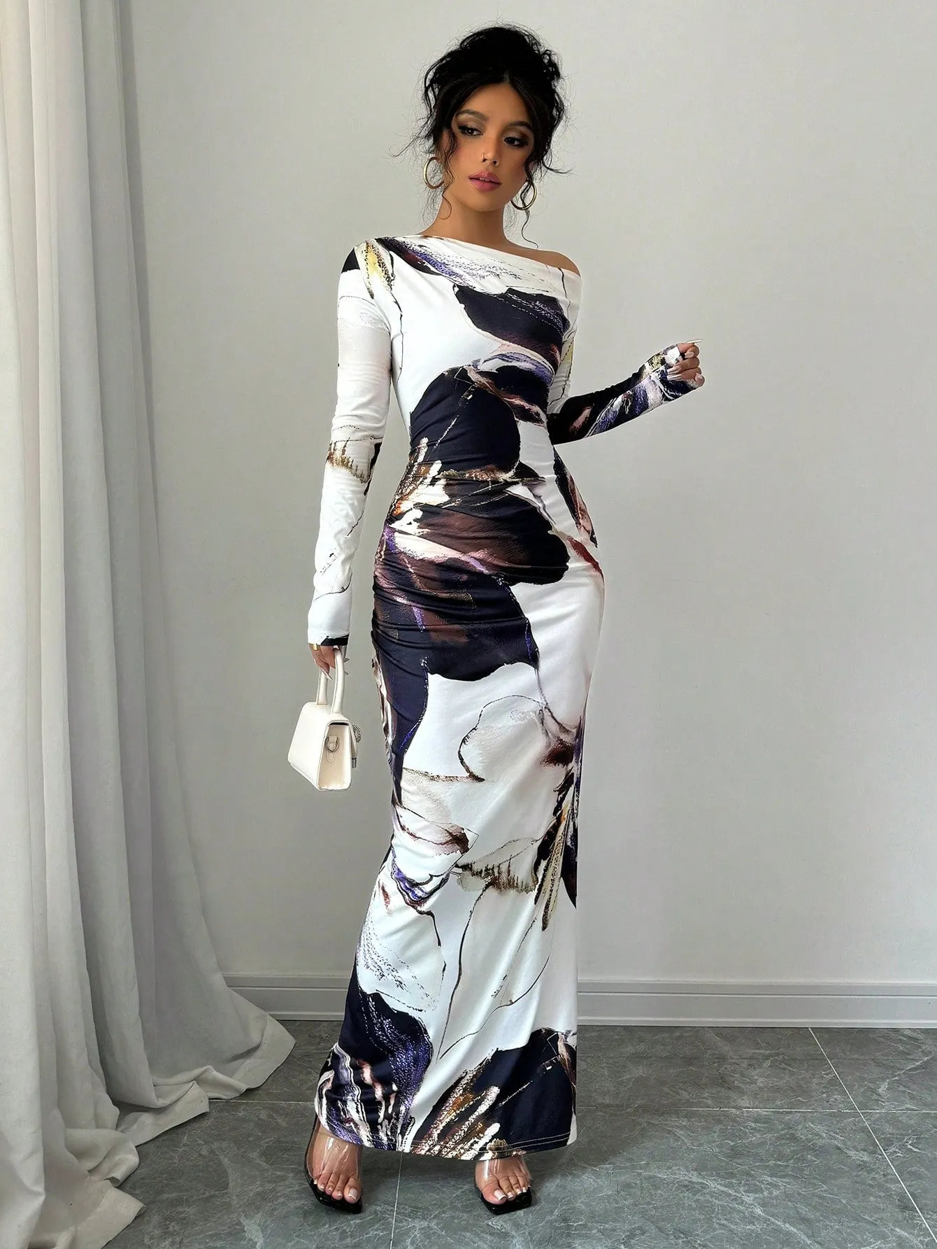 The Artistic Flow | Multicolor All-Over Print Asymmetric Long-Sleeve Maxi Dress sold by Negative product image thumbnail 3