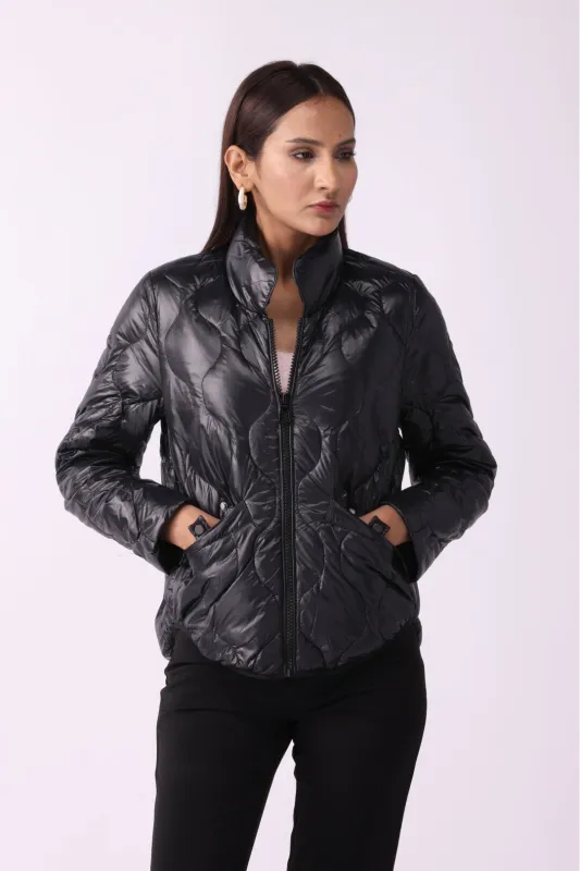 Women Padded Puffer Black Jacket FD made by Negative