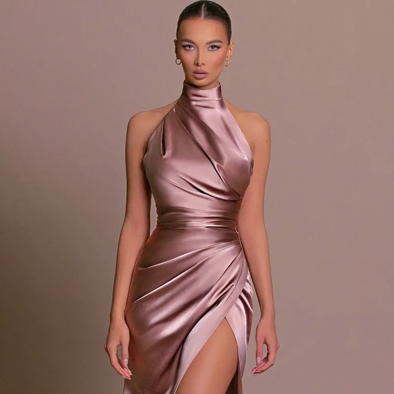 The Halter Elegance | Women's Sleeveless Stand Collar Slit Maxi Dress sold by Negative product image thumbnail 3