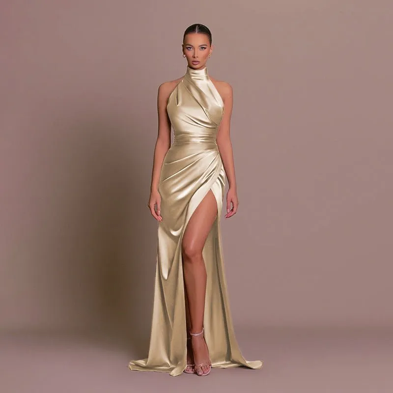 The Halter Elegance | Women's Sleeveless Stand Collar Slit Maxi Dress sold by Negative product image thumbnail 4