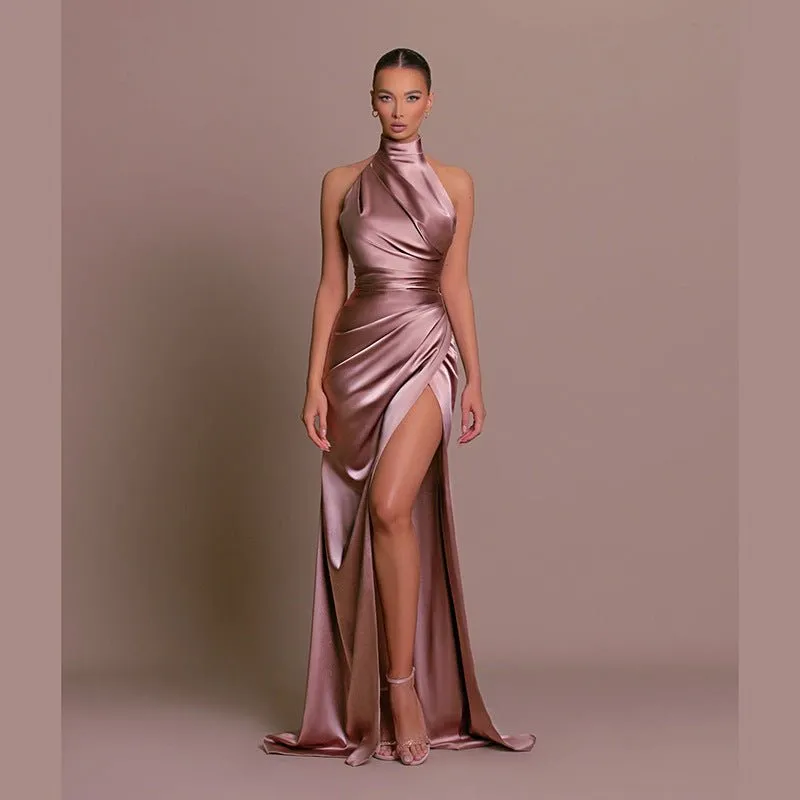 The Halter Elegance | Women's Sleeveless Stand Collar Slit Maxi Dress sold by Negative
