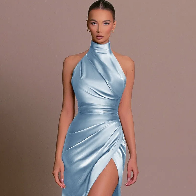 The Halter Elegance | Women's Sleeveless Stand Collar Slit Maxi Dress sold by Negative product image thumbnail 2