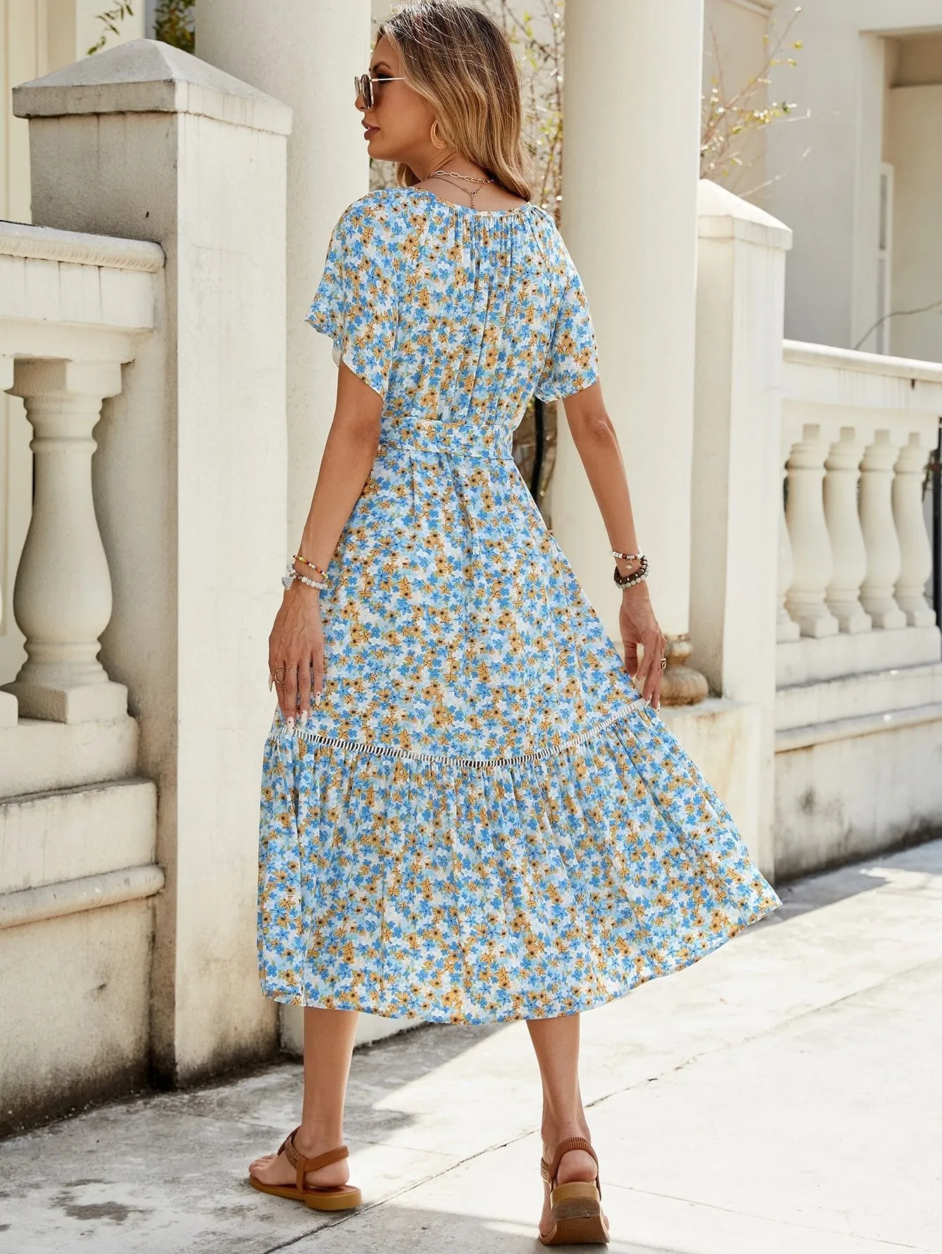 The Pastoral Charm | Women's Floral Lace Splicing Lotus Leaf Midi Dress sold by Negative product image thumbnail 5